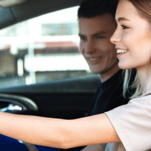 Young woman learning to drive with Ecole Unity instructor in Montreal.