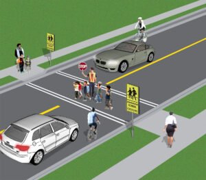 School crosswalk with helpful guard